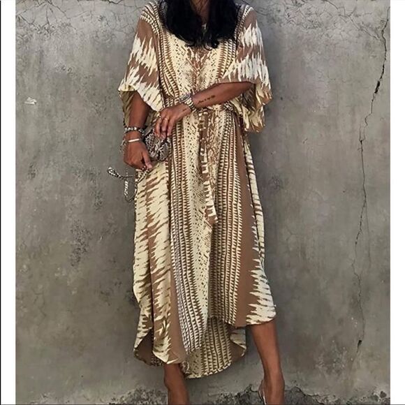 NEW Coffee Water Print Cover Up Dress - Picture 2 of 7